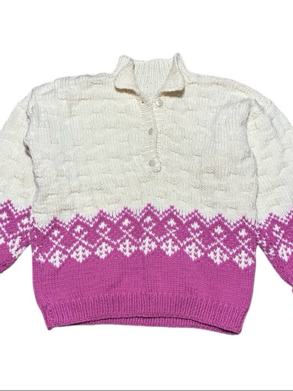 Ivory and Pink Hand Knit Chunky Button-Front Turtleneck Sweater 90s VTG Nordic